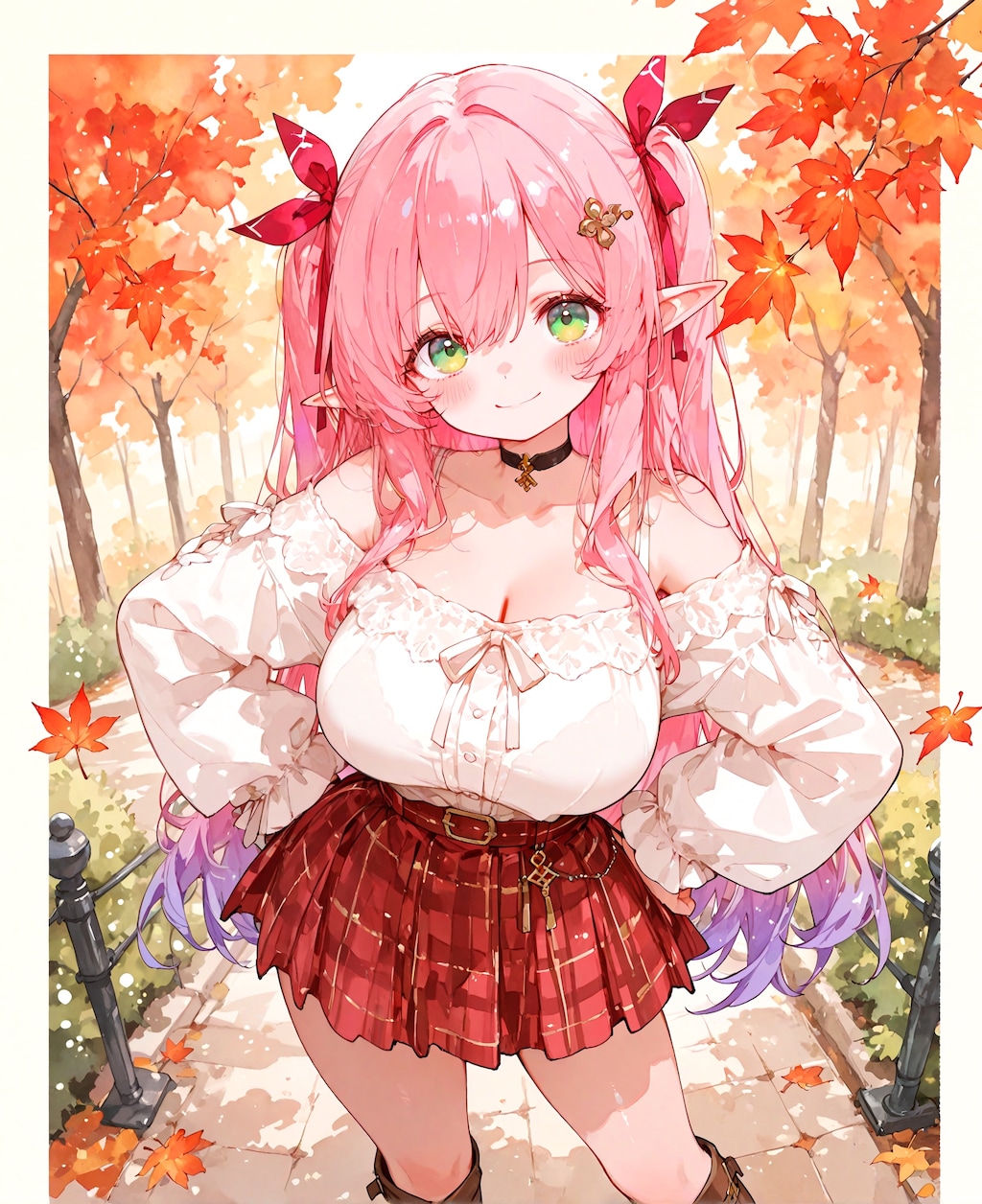 紅葉とピンク髪の少女