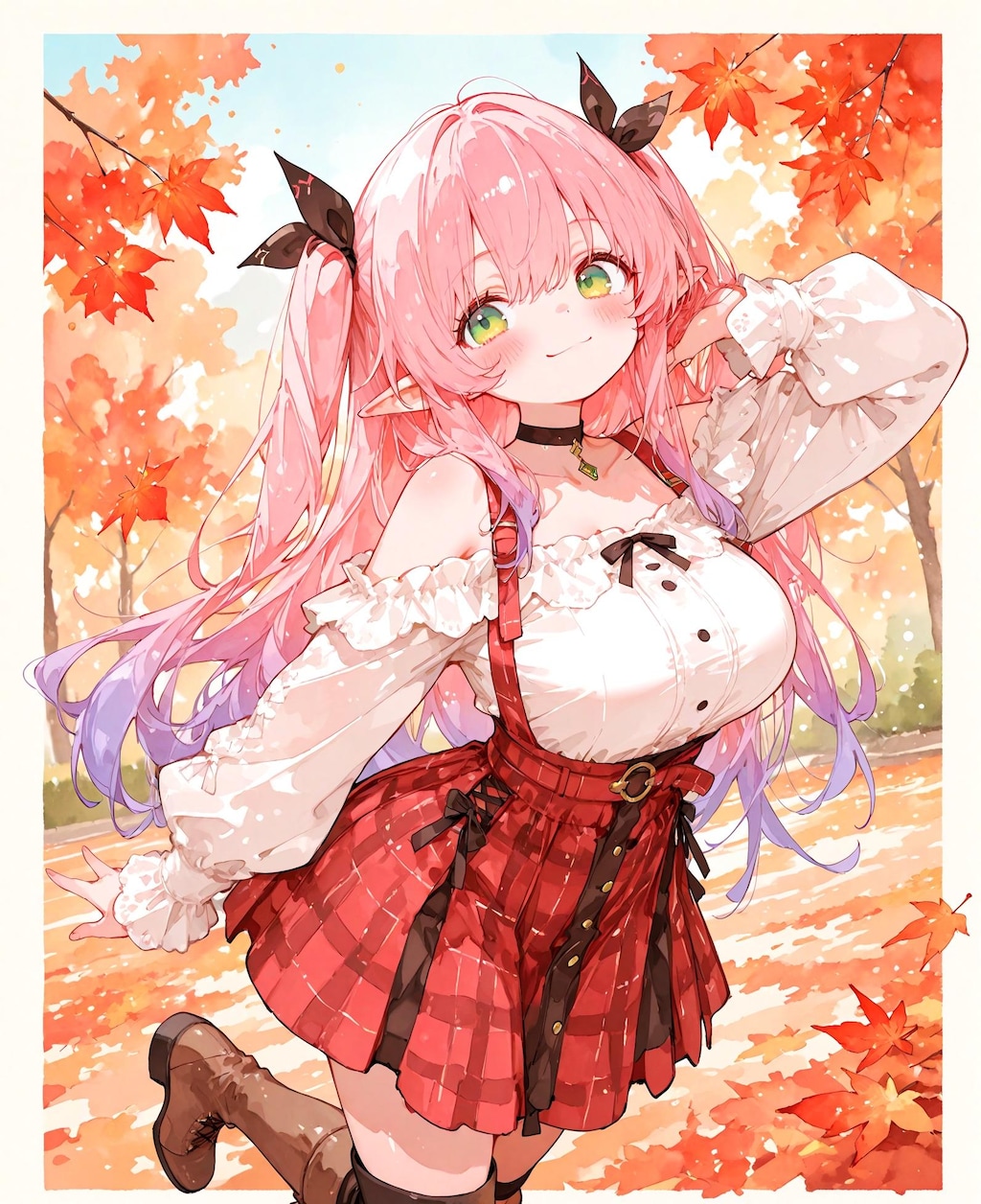 紅葉とピンク髪の少女