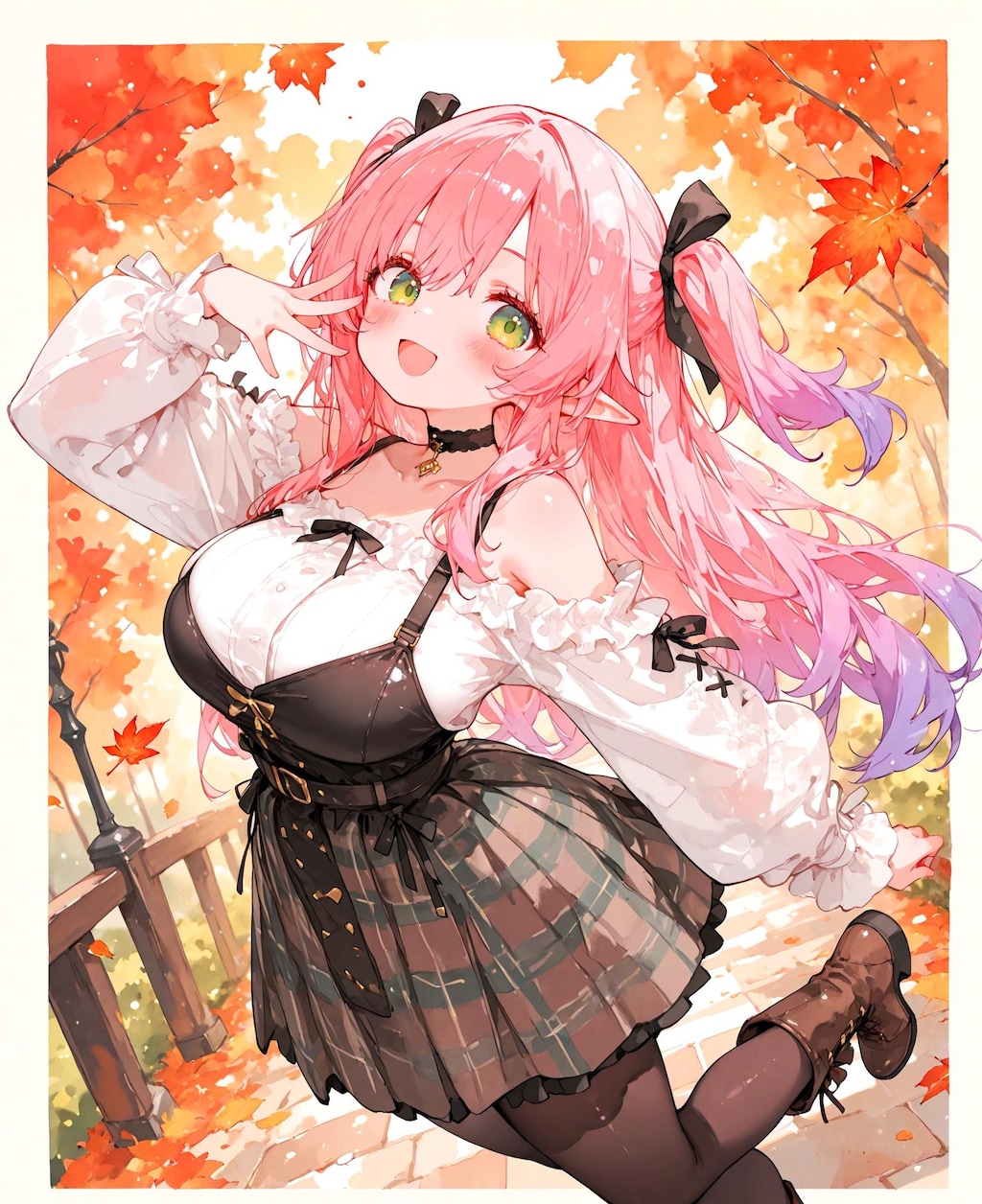 紅葉とピンク髪の少女