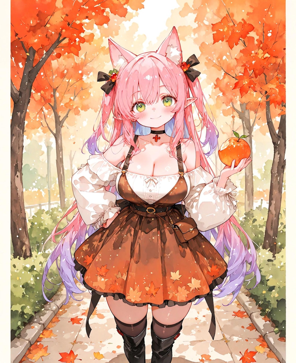 紅葉とピンク髪の少女