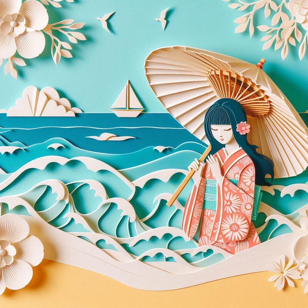 砂浜の女の子のペーパーアート