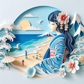 砂浜の女の子のペーパーアート 3枚目