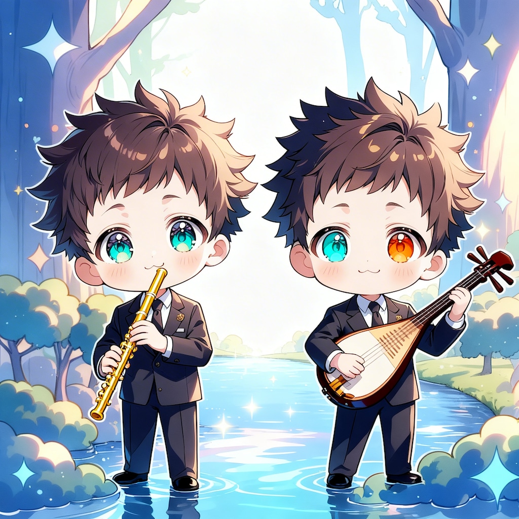 笛・三味線を演奏する少年。