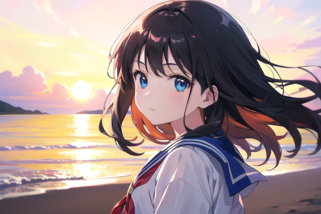 夕陽の砂浜(セーラー服)(14)