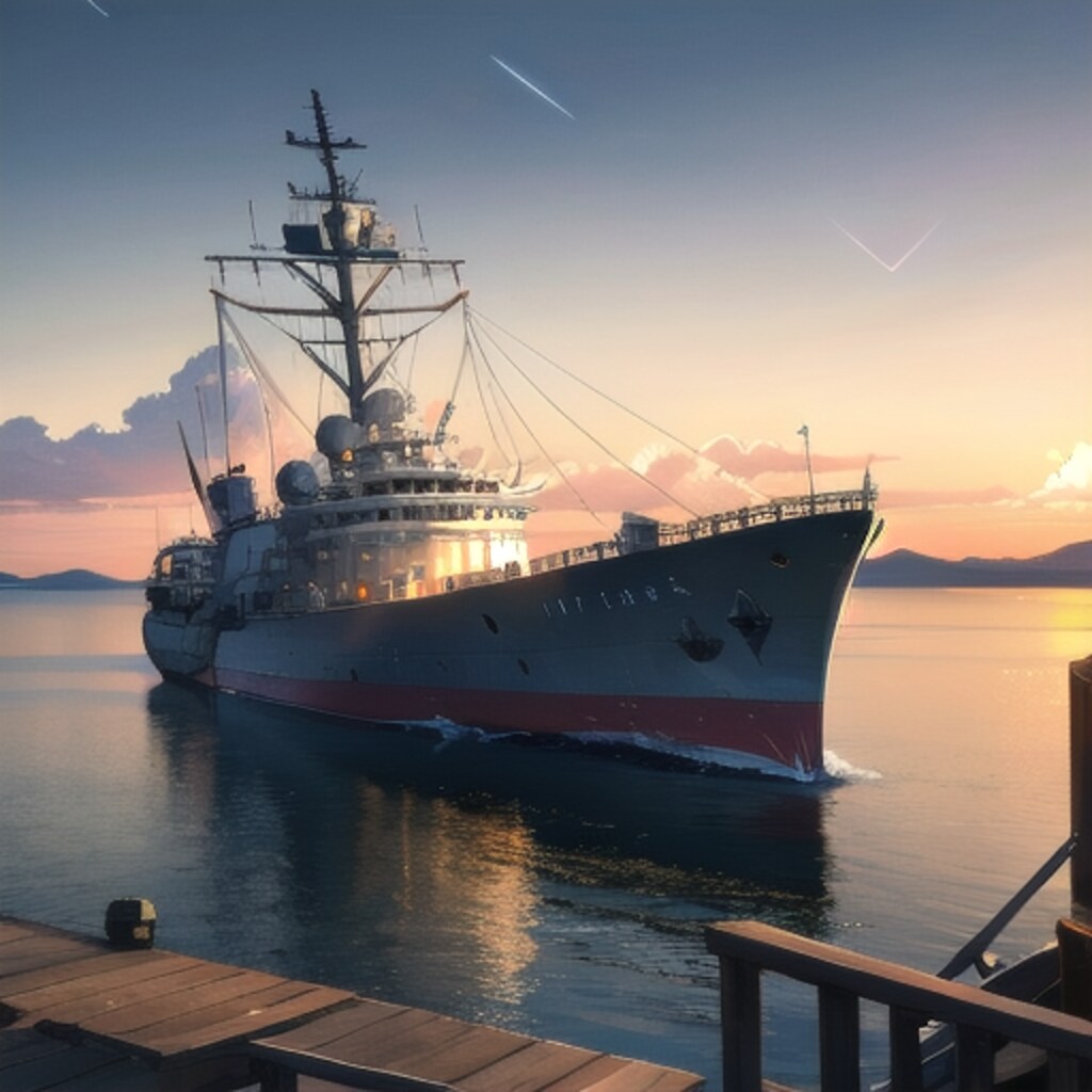 夕暮れと軍艦