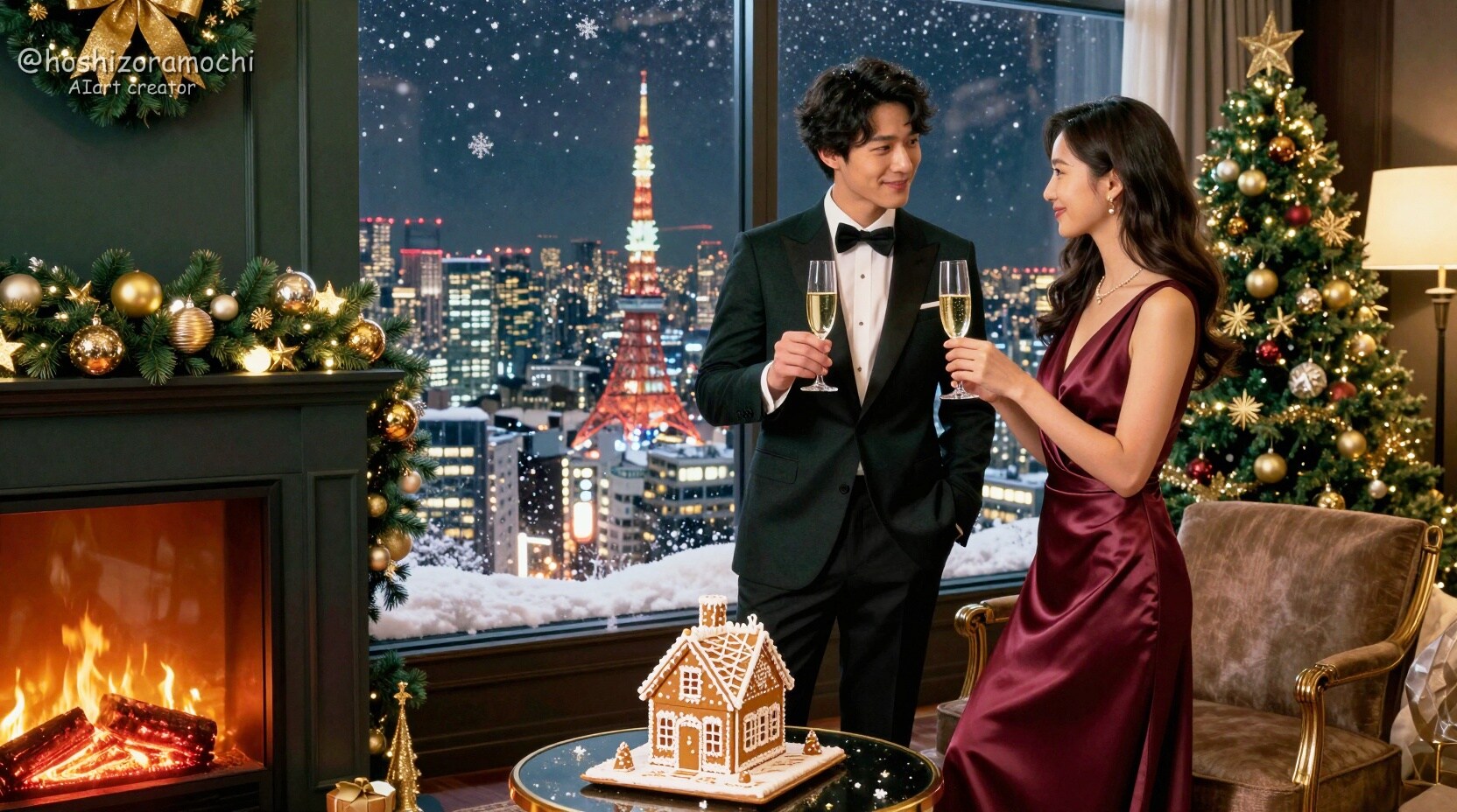 🎄真夜中の夜景を望む セレブな大人のクリスマス | の人気AIイラスト・グラビア