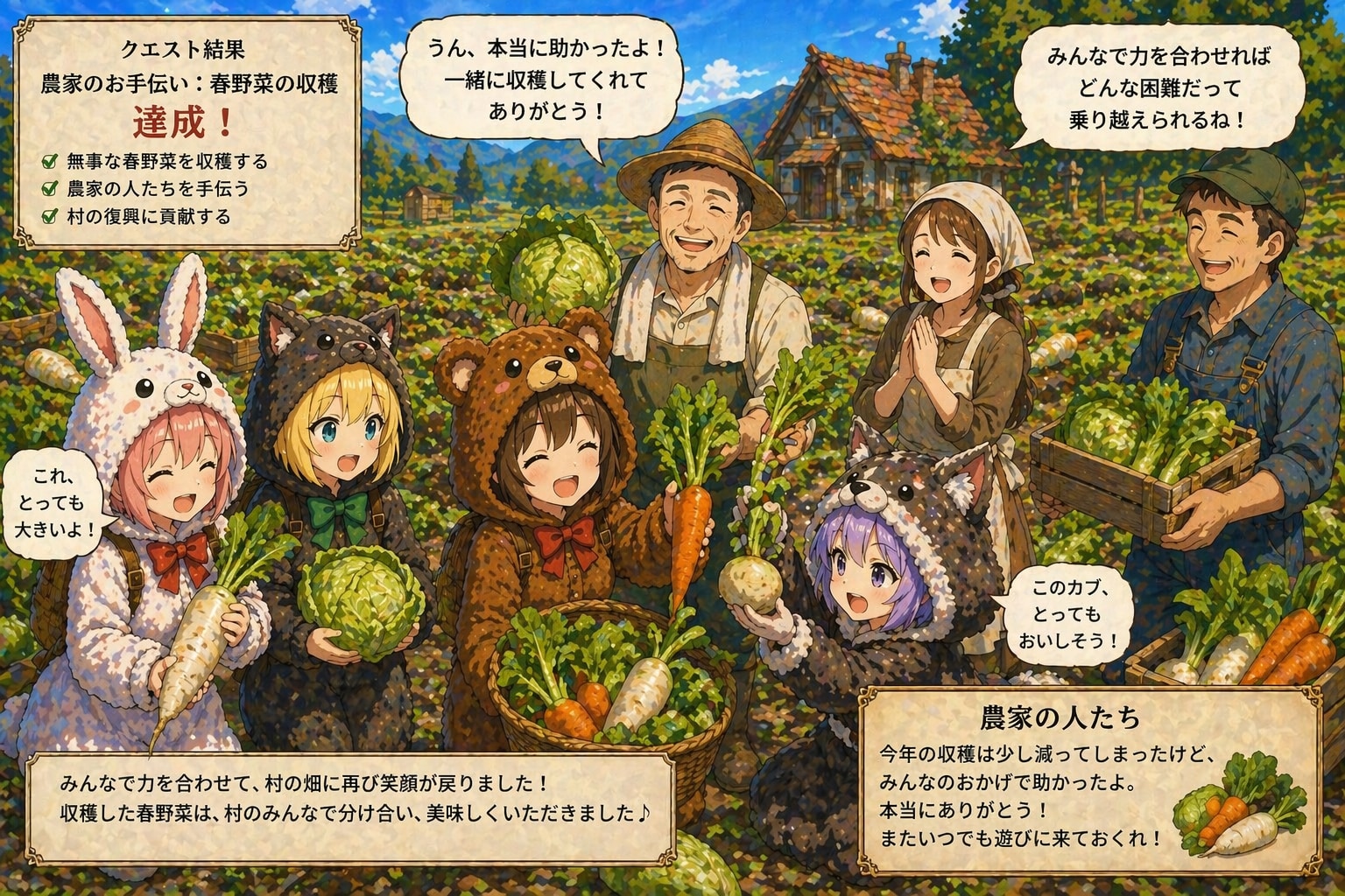 【All0429c】農家の人たちと一緒に無事だった春野菜の収穫をお手伝いをする事にした、みんなで楽しく収穫作業を行った。（モデル: ChatGPT） | の人気AIイラスト・グラビア