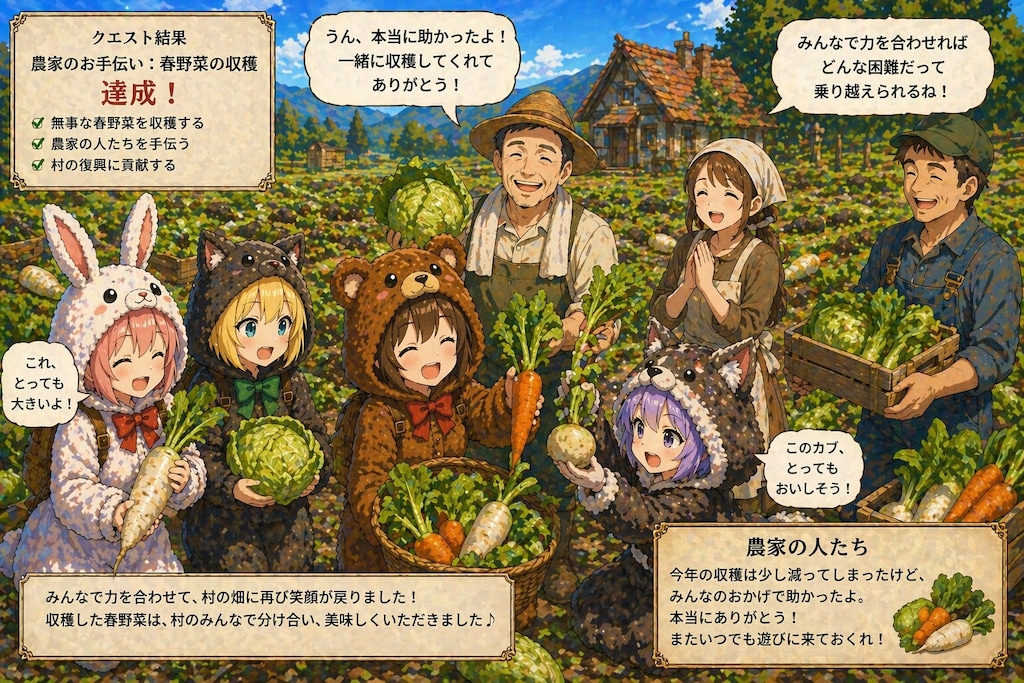 【All0429c】農家の人たちと一緒に無事だった春野菜の収穫をお手伝いをする事にした、みんなで楽しく収穫作業を行った。（モデル: ChatGPT）