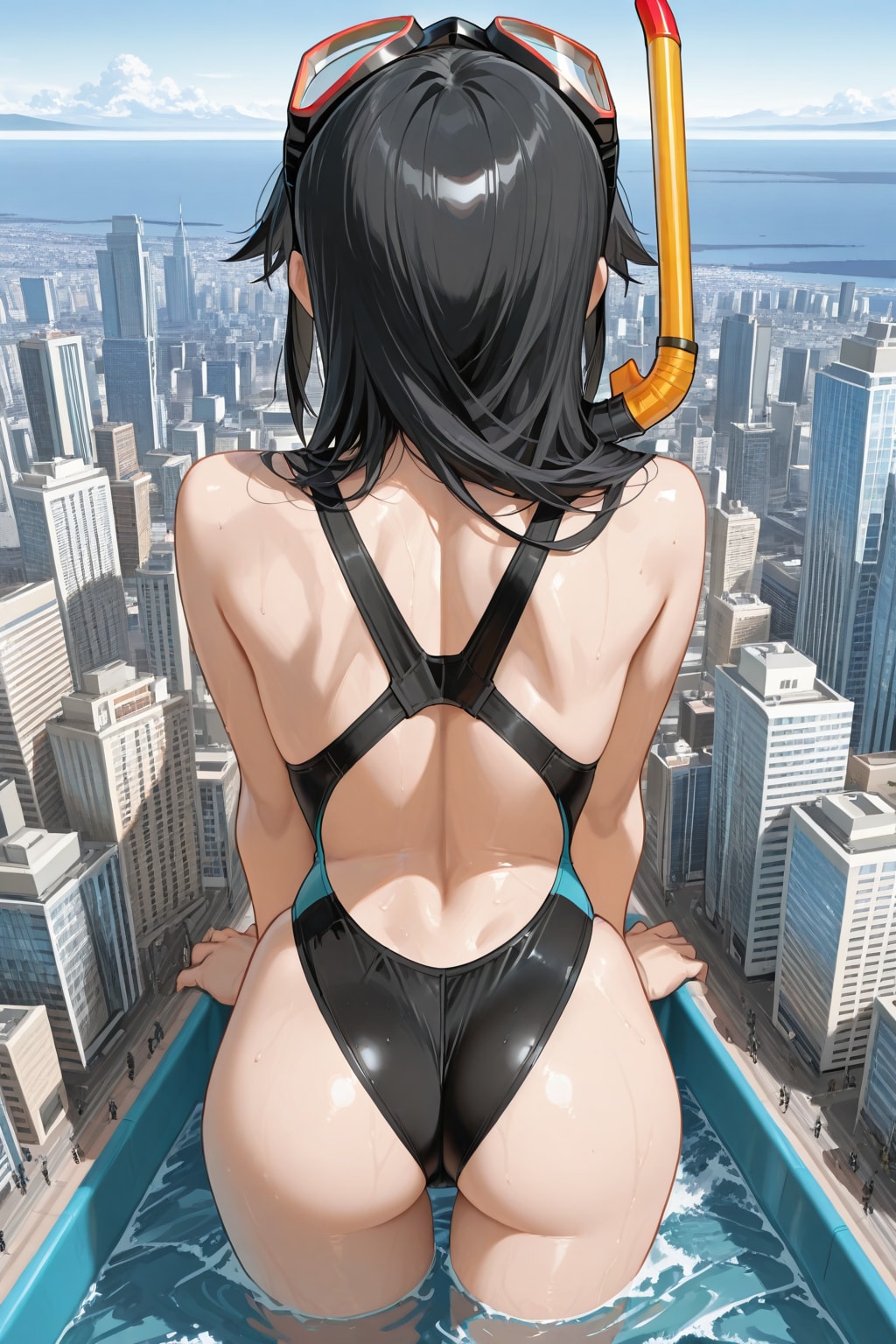 街に現れた巨大な競泳水着の少女