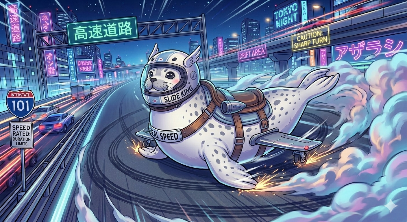 高速道路のカーブで高速で疾走しながらドリフトをするアザラシ | の人気AIイラスト・グラビア