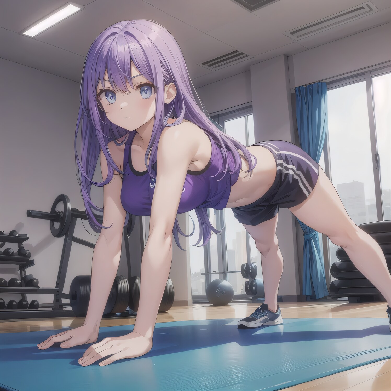 紫髪ロングで筋トレの少女 | の人気AIイラスト・グラビア