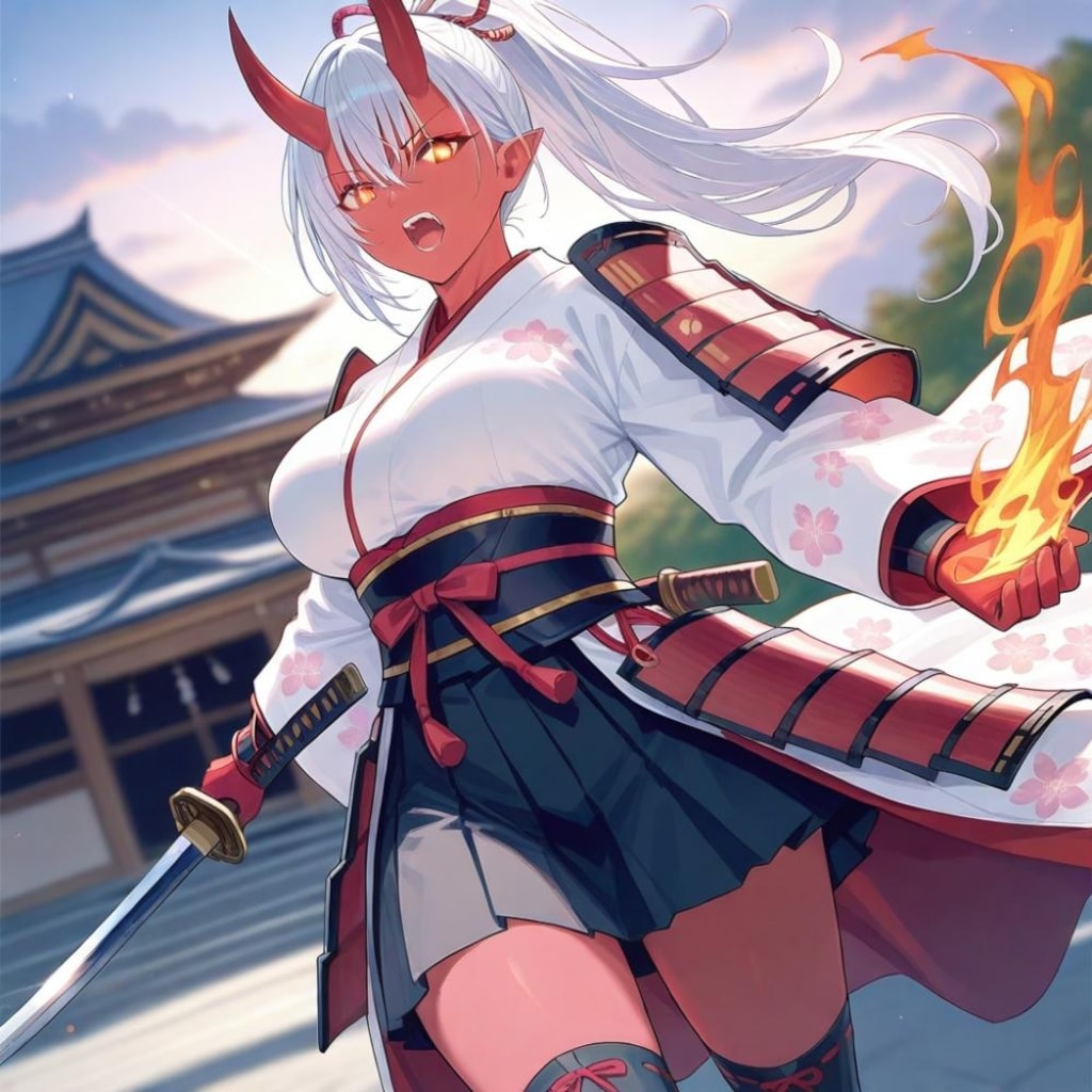 時代劇墨絵油絵風、サムライ赤鬼娘人妻ハイソックス