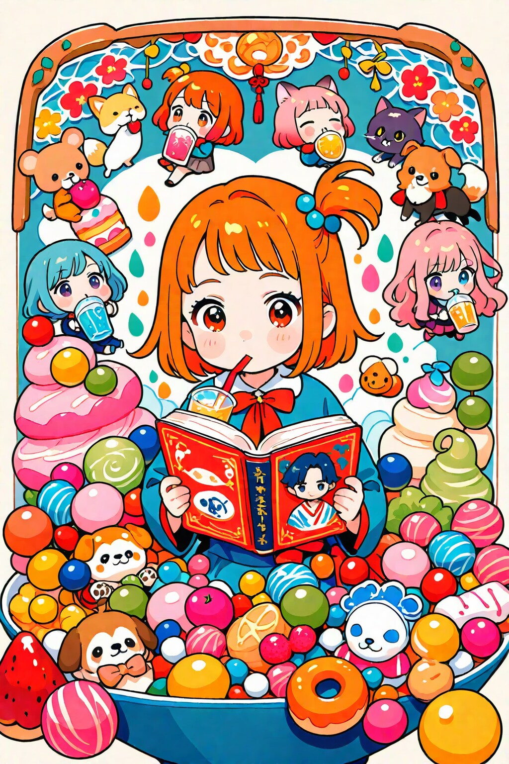 本を読むオレンジ髪ちゃん