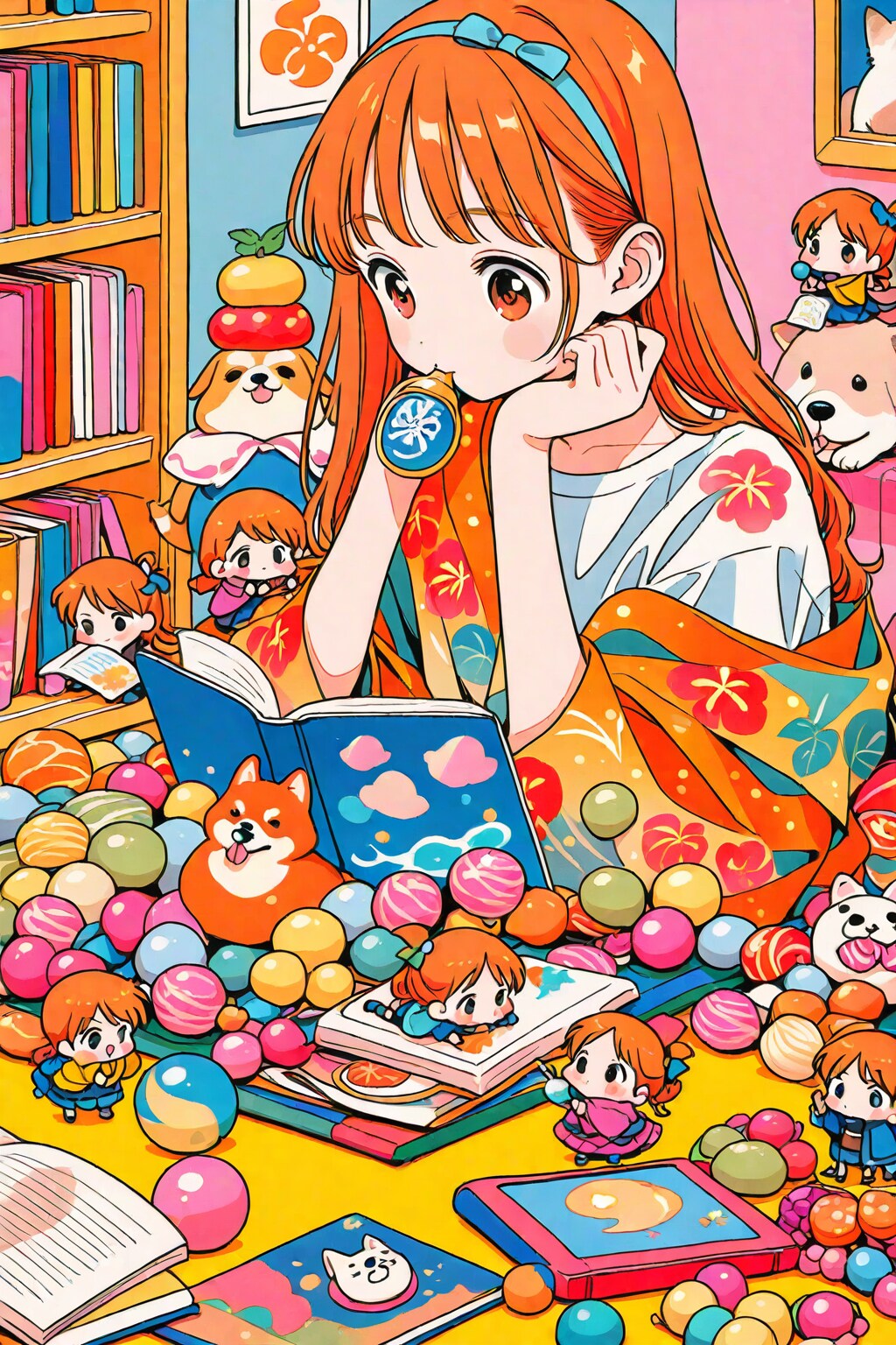 本を読むオレンジ髪ちゃん