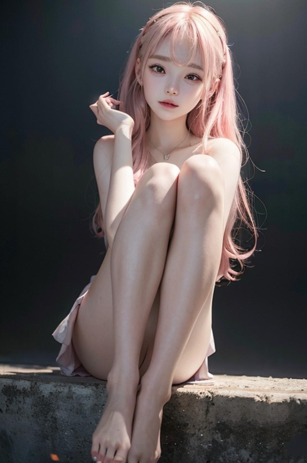 ピンク色ロングヘアー美女の生足