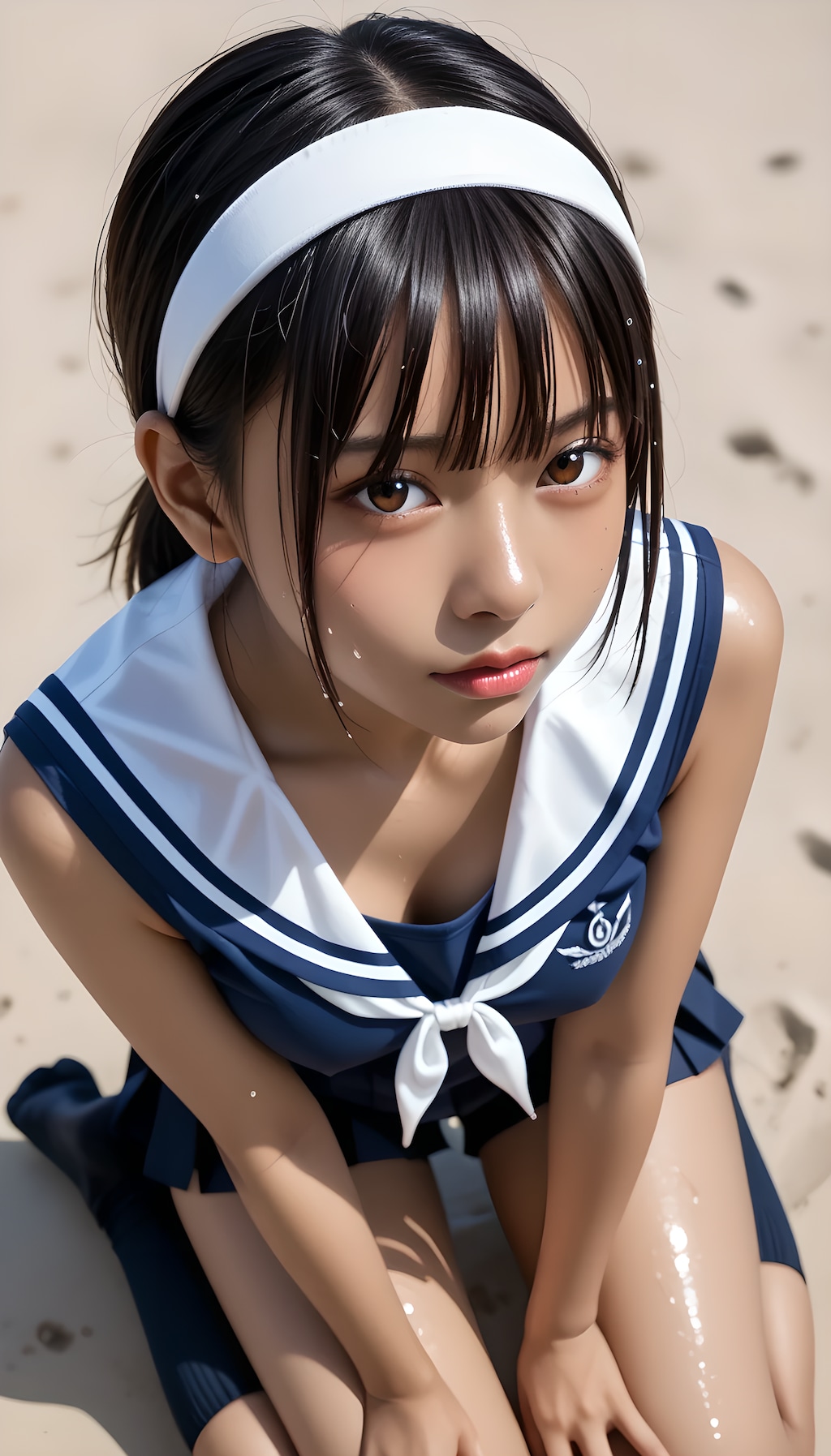 真夏の太陽に愛された小麦色のピュア美少女と、秘密のプライベートビーチへ。白い砂浜に膝を突き、まぶしそうにこちらを見上げるカチューシャ姿の美少女が登場です。ほんのり日焼けした健康的な小麦色の素肌に、紺色