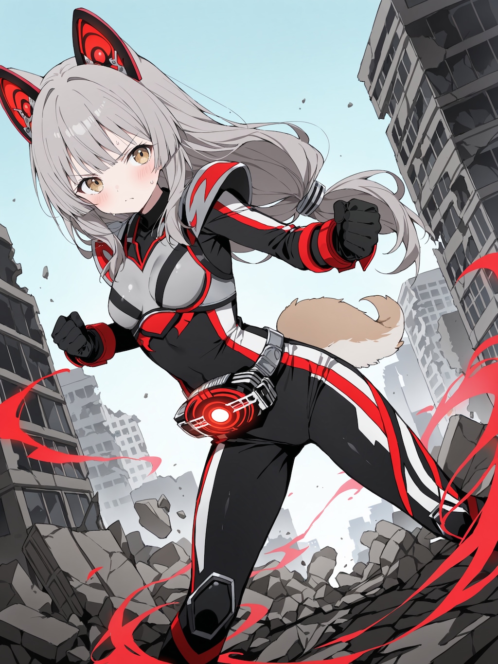 仮面ライダータイプのケモミミパワードスーツ
