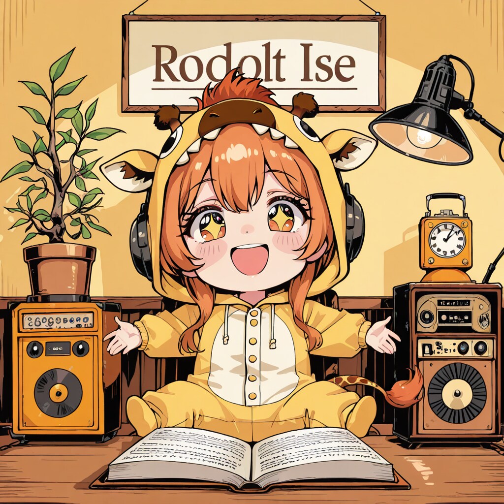 ラジオを楽しむキリン着ぐるみちび子ちゃん