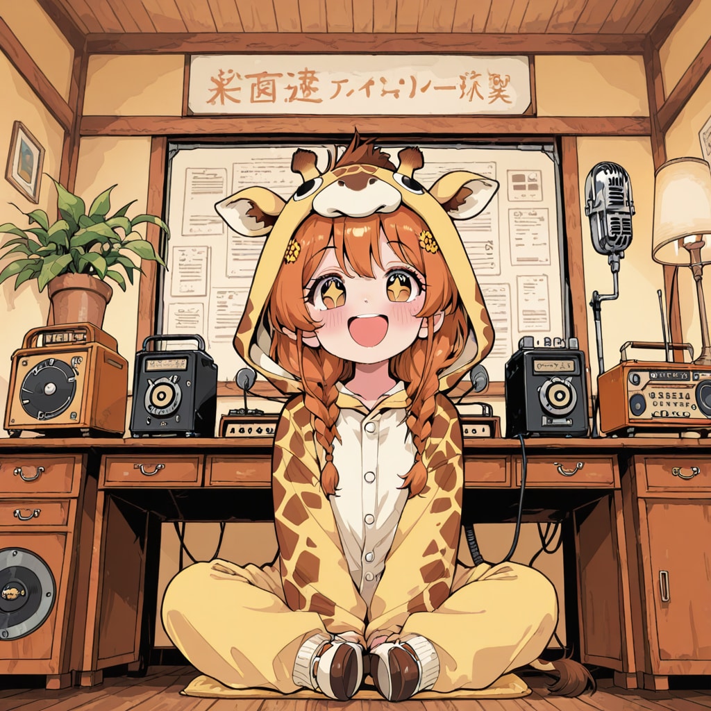 ラジオを楽しむキリン着ぐるみちび子ちゃん