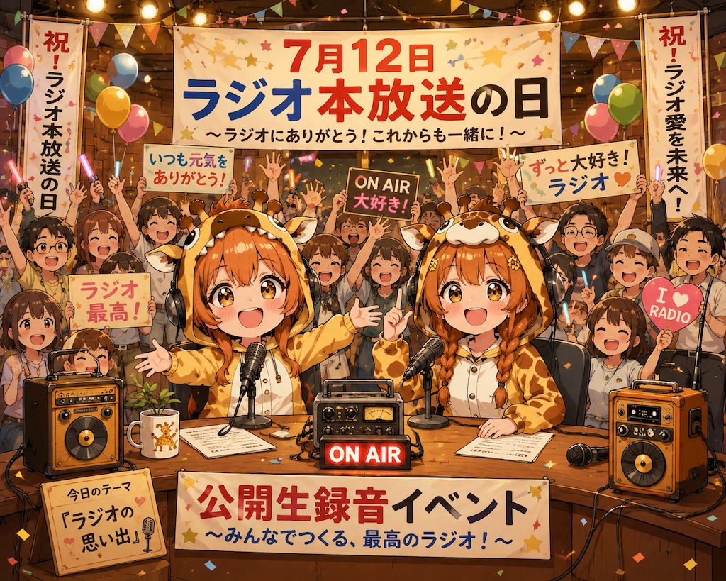 ラジオを楽しむキリン着ぐるみちび子ちゃん