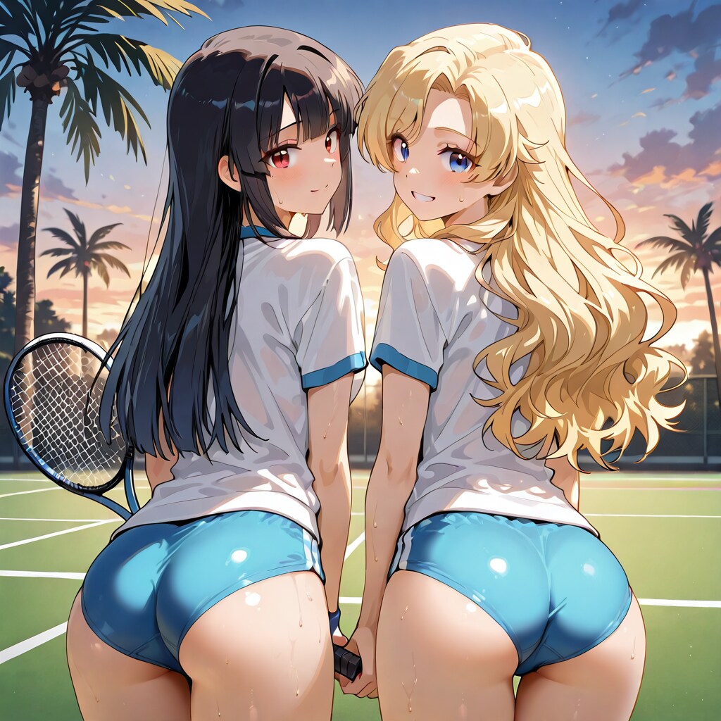 テニスコートと水色ブルマ！