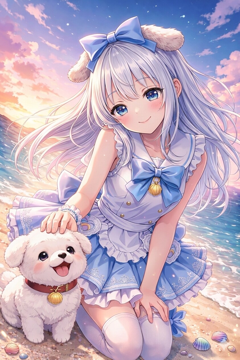夕焼けの海とホタテちゃん