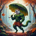 アクリル風 雨の葉っぱの森、葉っぱの傘&葉っぱの服の筋肉猫 4枚目
