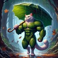 アクリル風 雨の葉っぱの森、葉っぱの傘&葉っぱの服の筋肉猫 2枚目