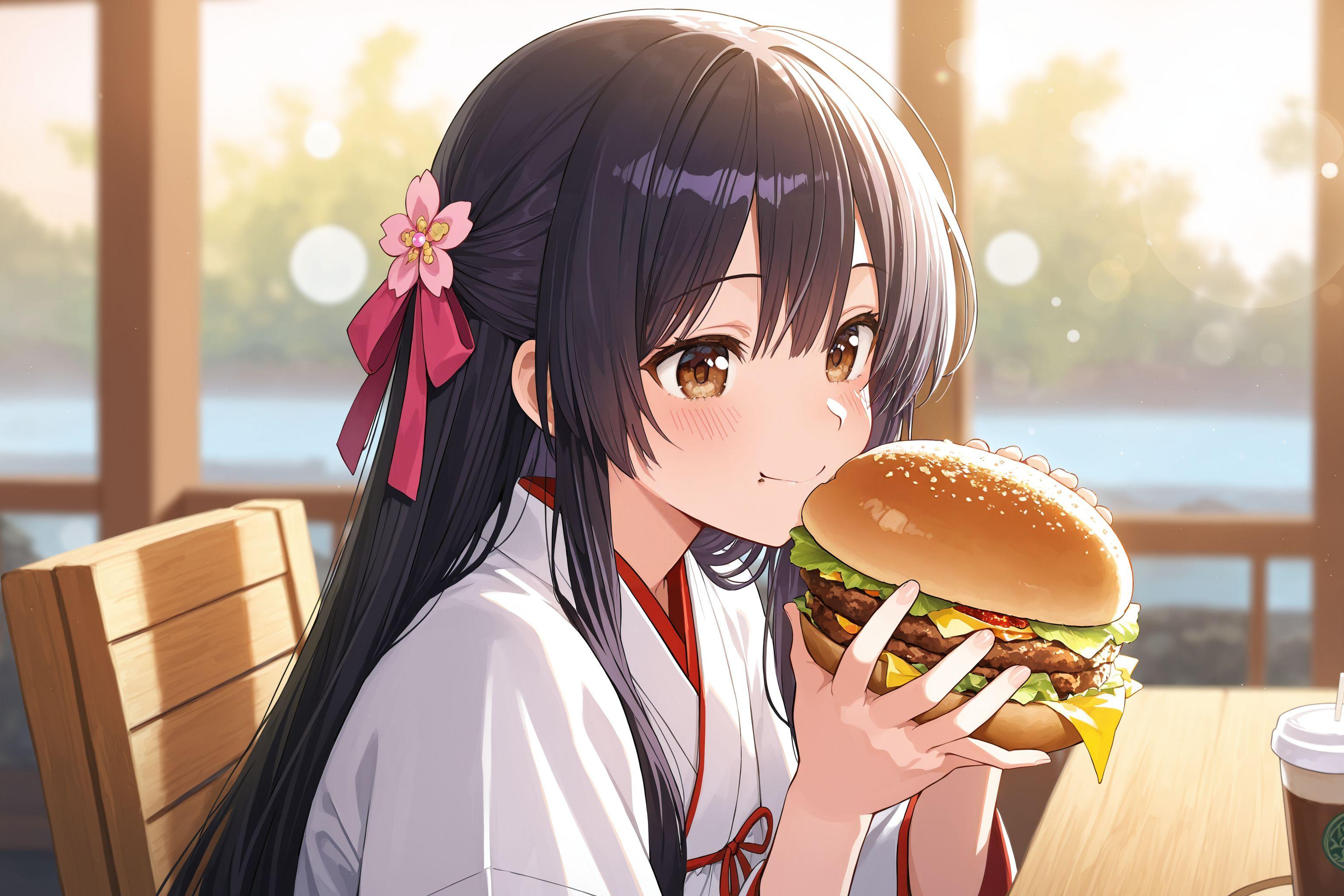 異世界神社の巫女さん（神楽さんハンバーガーに夢中） | の人気AIイラスト・グラビア