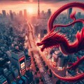 新宿上空を旋回する赤いドラゴン 2枚目