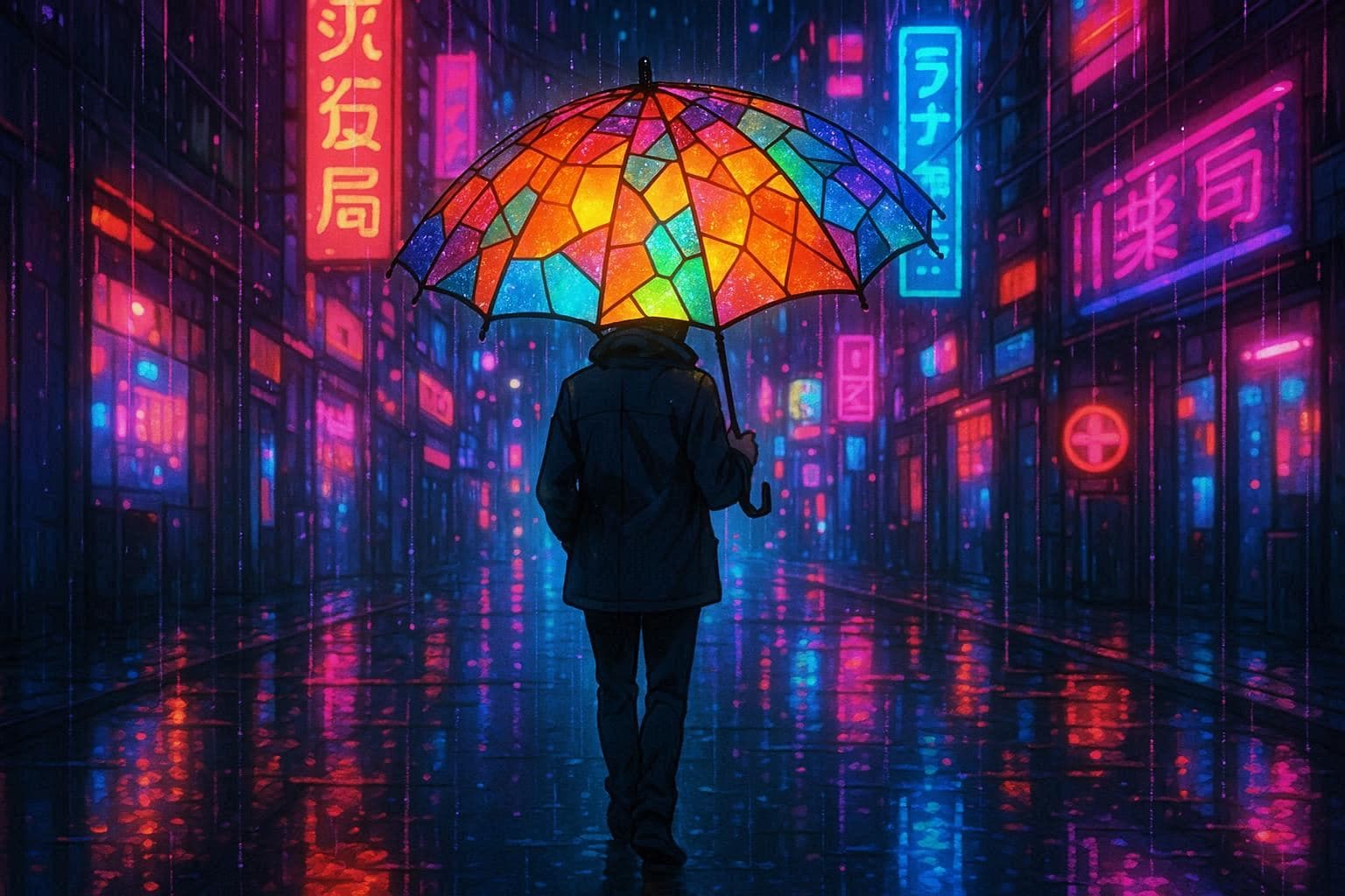 サイバーパンクシティとステンドグラス風の傘 | の人気AIイラスト・グラビア
