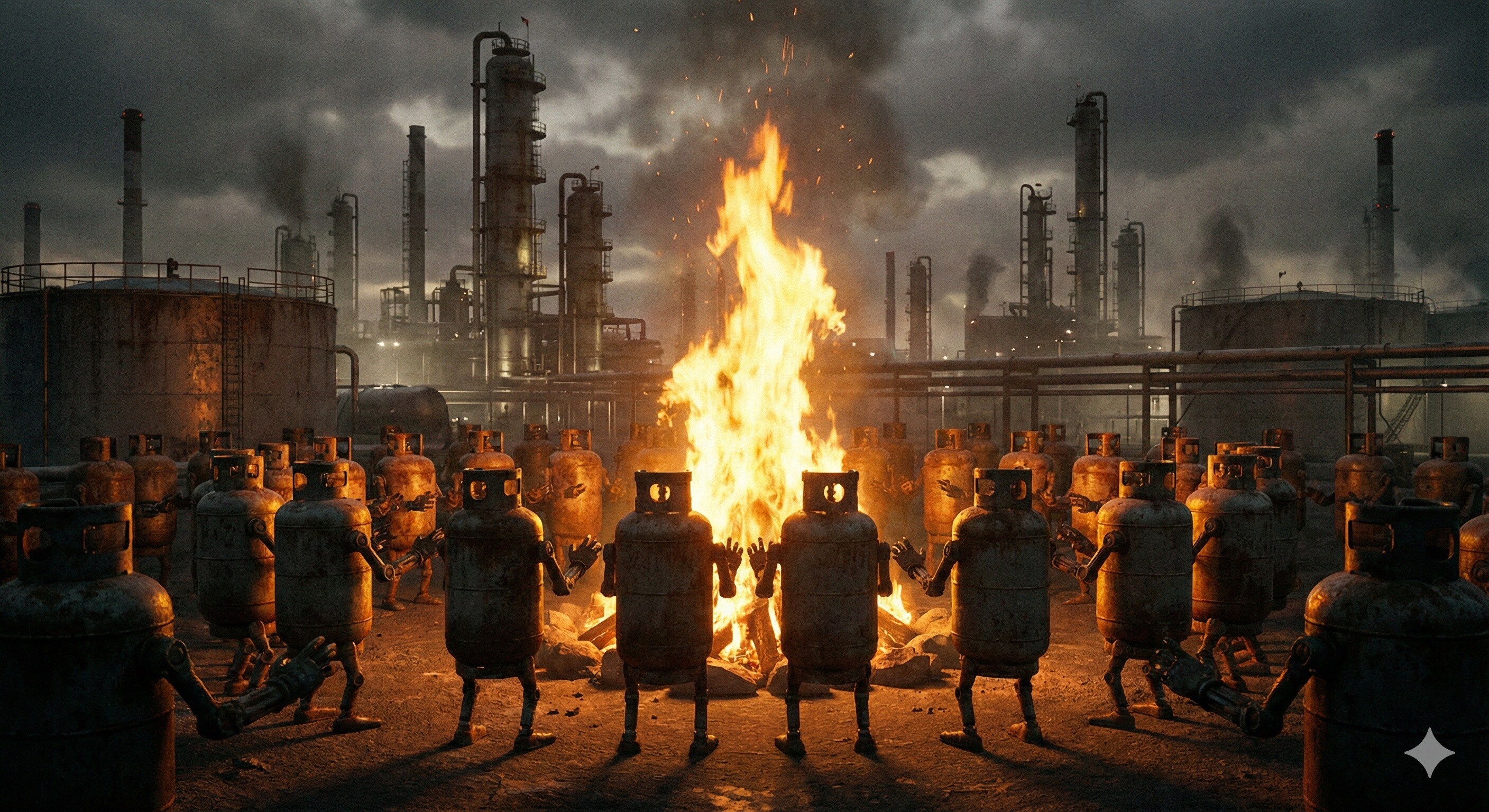 石油コンビナートで焚き火で暖をとるガスボンベたち