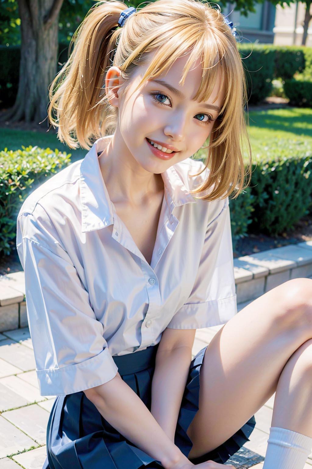AIイラスト白ギャル貧乳ロリ顔　エロ画像　18歳女子校生海外コスプレイヤー「お父さんが、おしりを見てくれると、どんな日もポジティブにスタートできるよ！」
