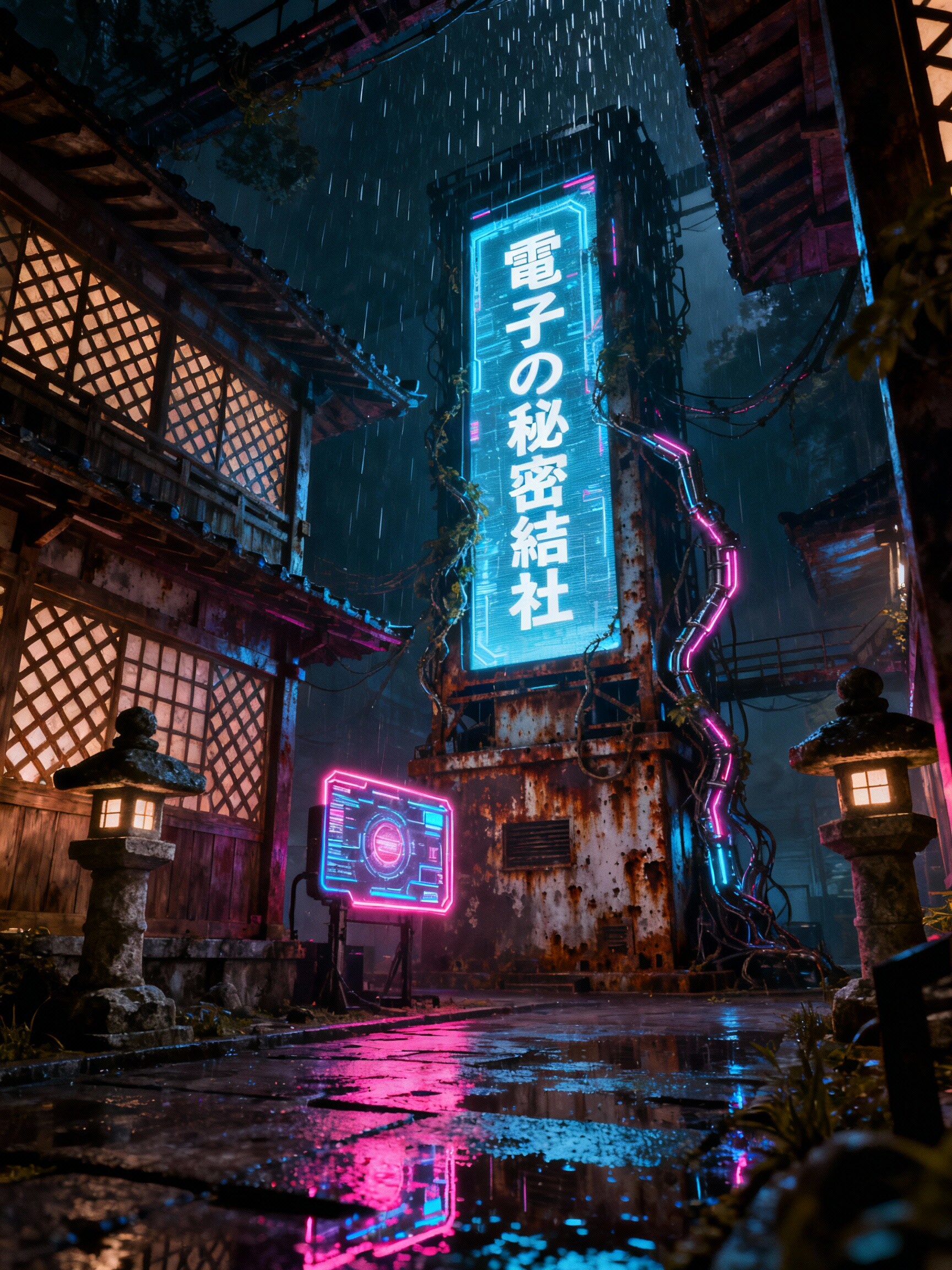 電子世界の奥深く隠された秘密結社の日本テイストなサイバーパンク風本拠地 | の人気AIイラスト・グラビア