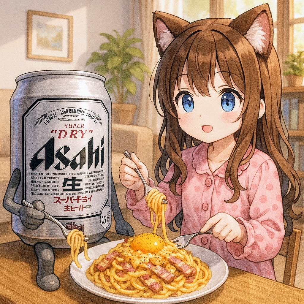 カルボナーラを食べる小さな女の子