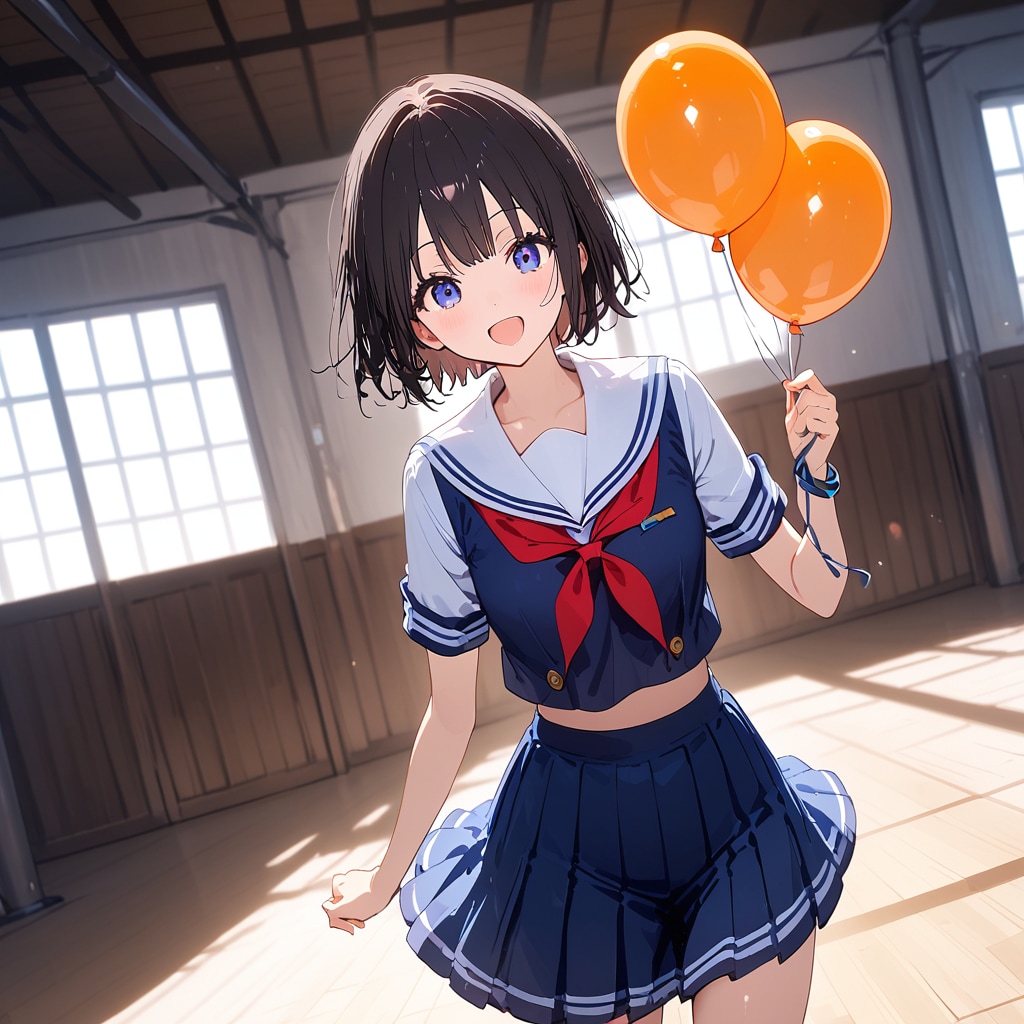 体育館でオレンジ色の風船を持つセーラー服の美少女。