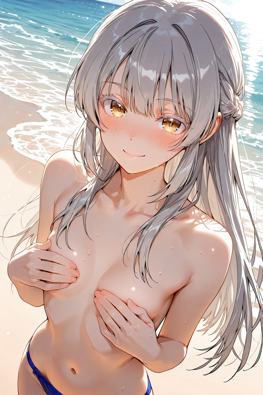 海辺で水着編、手ブラ