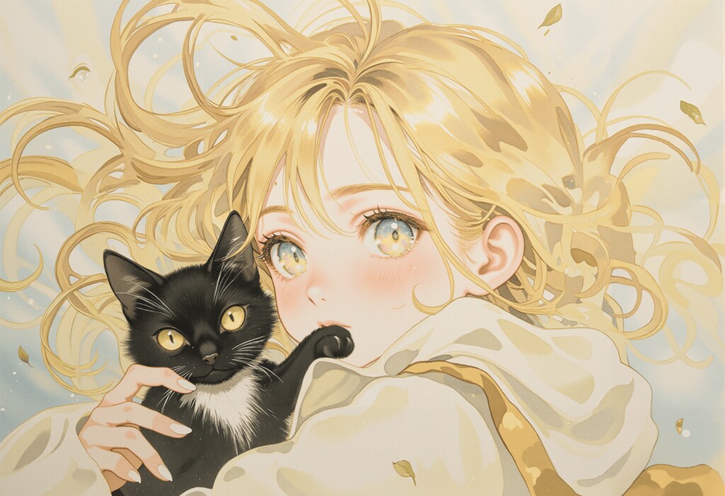 金髪の女の子と黒い猫