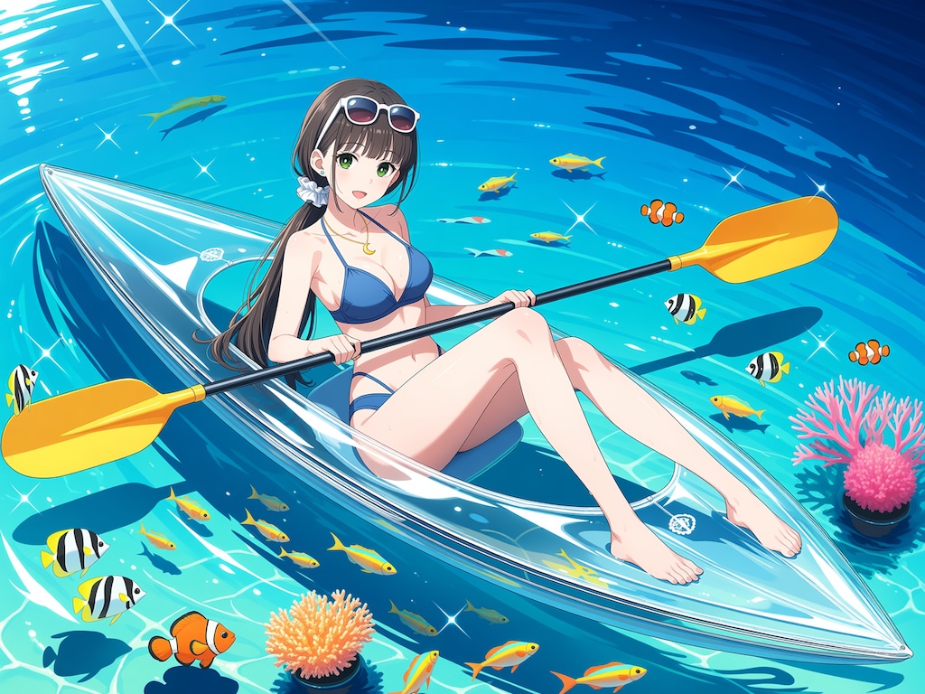 グラスボートでラグーンの海を散歩(モデル：篠宮あかり)