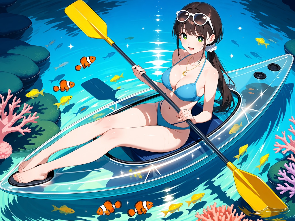グラスボートでラグーンの海を散歩(モデル：篠宮あかり)