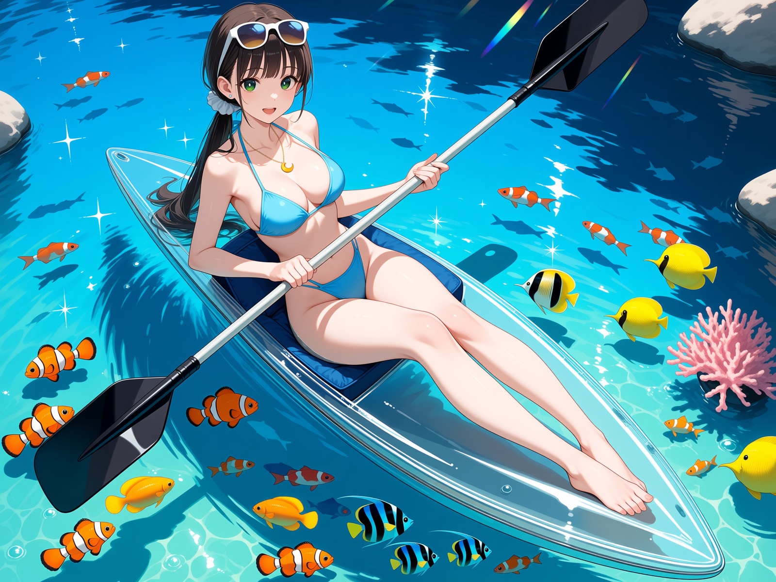 グラスボートでラグーンの海を散歩(モデル：篠宮あかり)