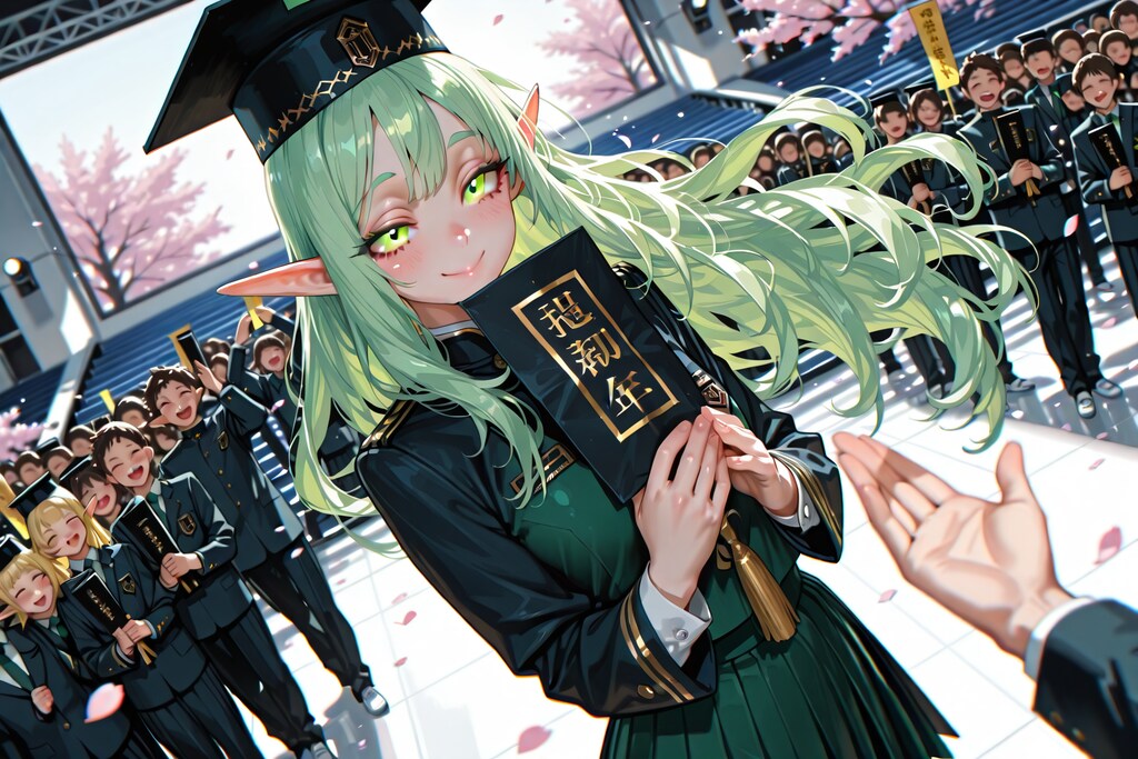 卒業するエルフの女の子