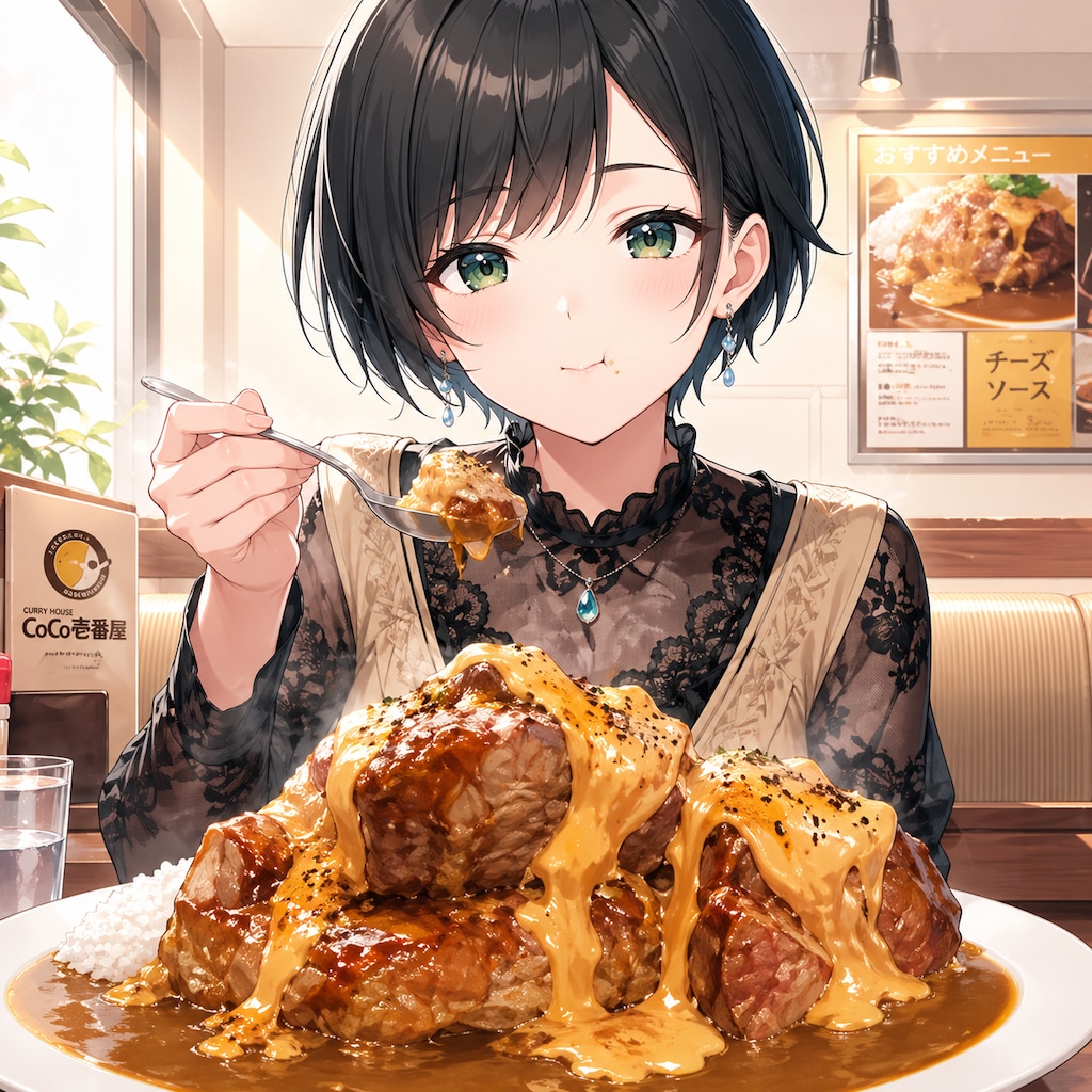 ホロ肉ドカンとBBQカレーを食べる藍音ちゃん