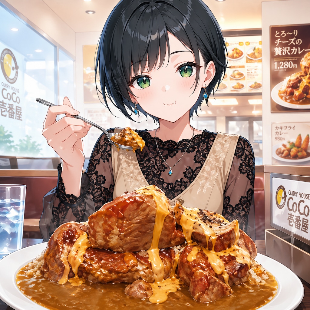 ホロ肉ドカンとBBQカレーを食べる藍音ちゃん