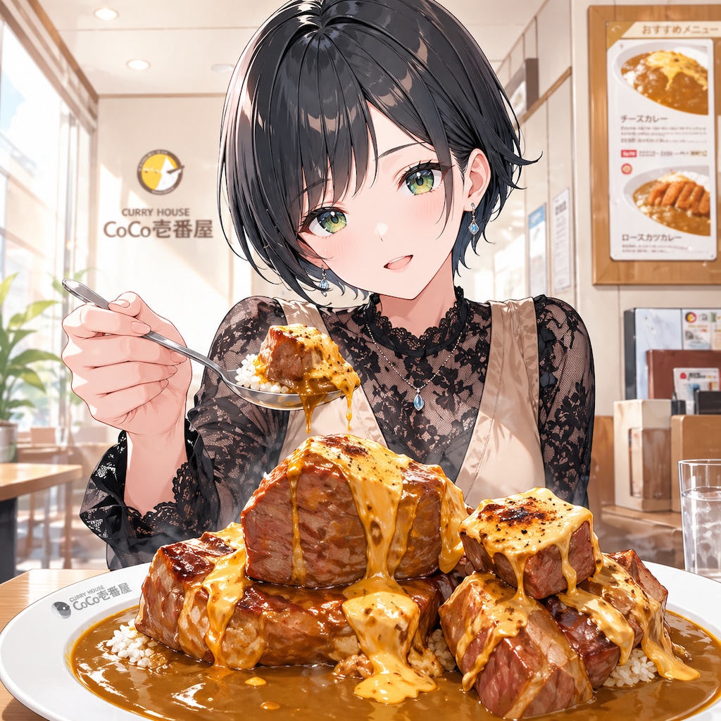 ホロ肉ドカンとBBQカレーを食べる藍音ちゃん