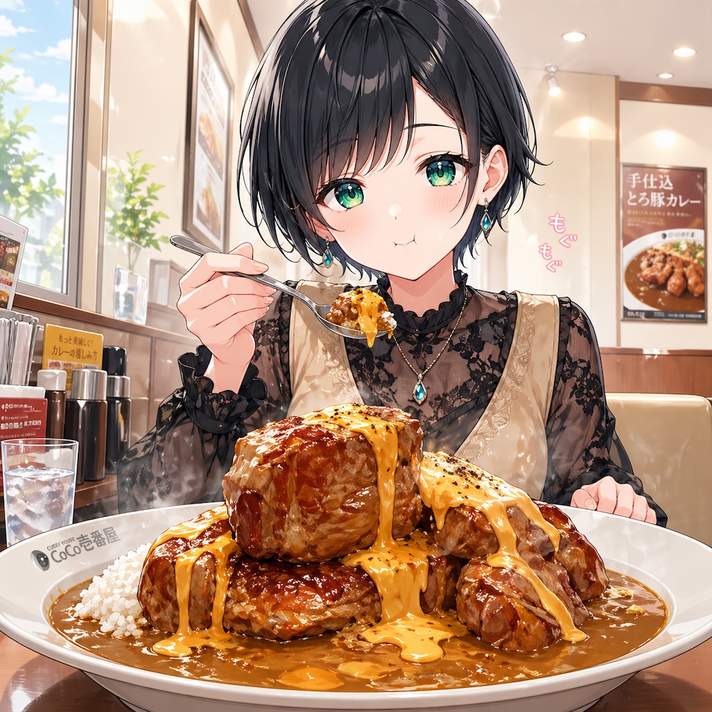 ホロ肉ドカンとBBQカレーを食べる藍音ちゃん