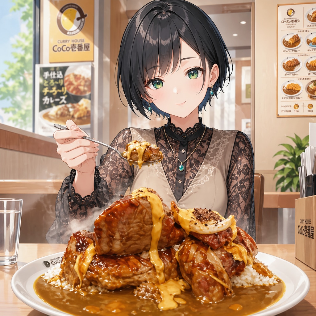 ホロ肉ドカンとBBQカレーを食べる藍音ちゃん