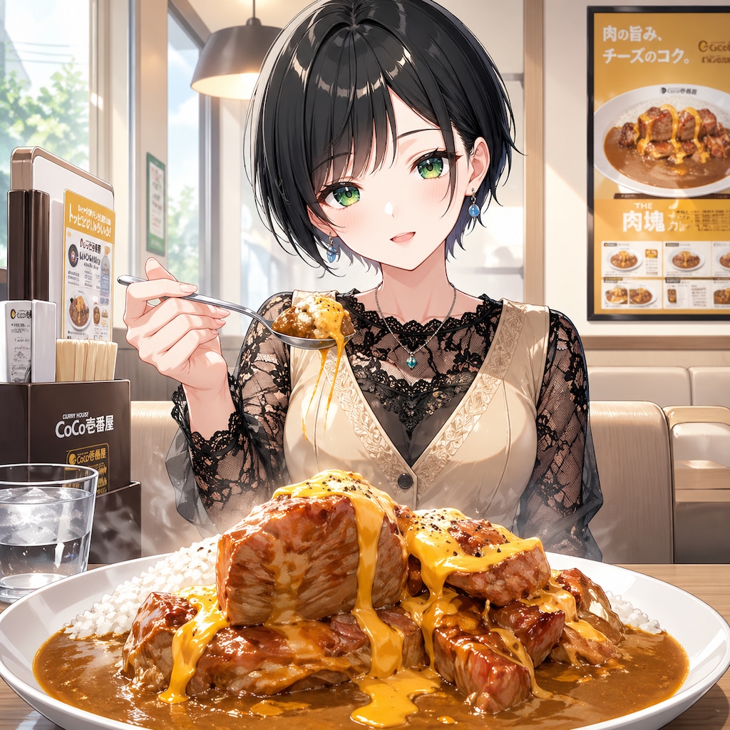 ホロ肉ドカンとBBQカレーを食べる藍音ちゃん