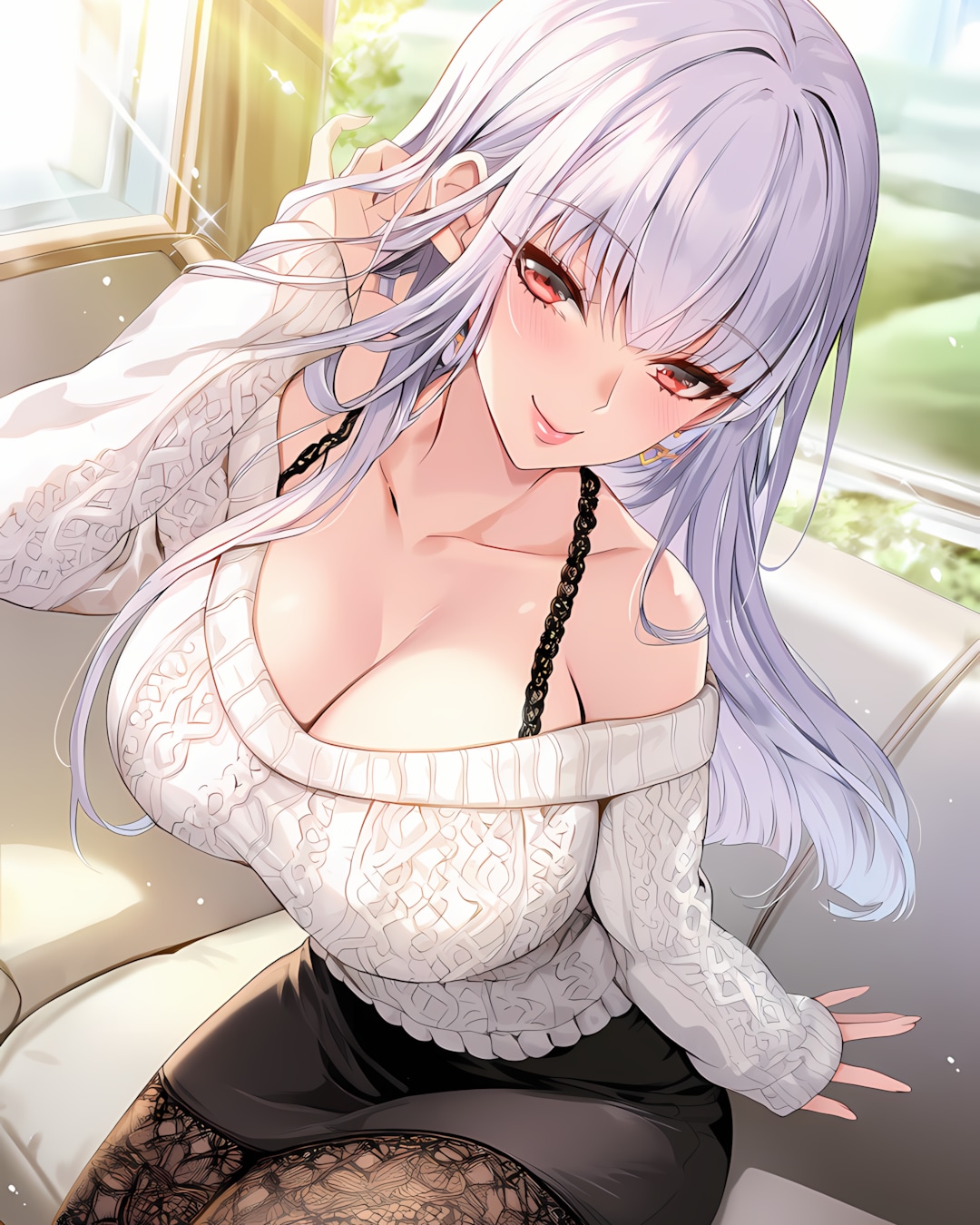 🤍白ニット×黒レース🖤午後の光に溶ける大人のモノトーン🌹 | の人気AIイラスト・グラビア