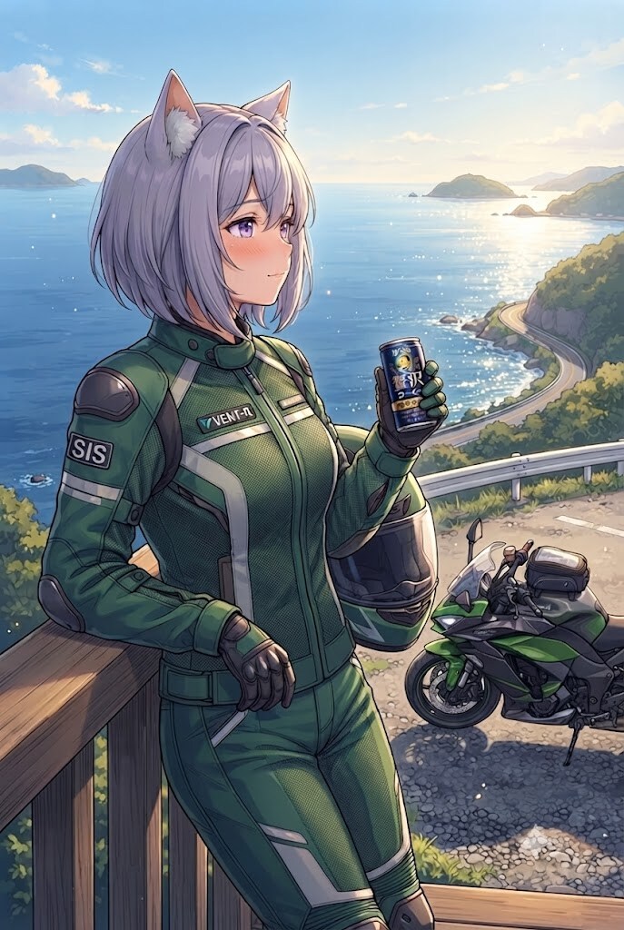 湖畔と缶コーヒーとライダースーツのシス